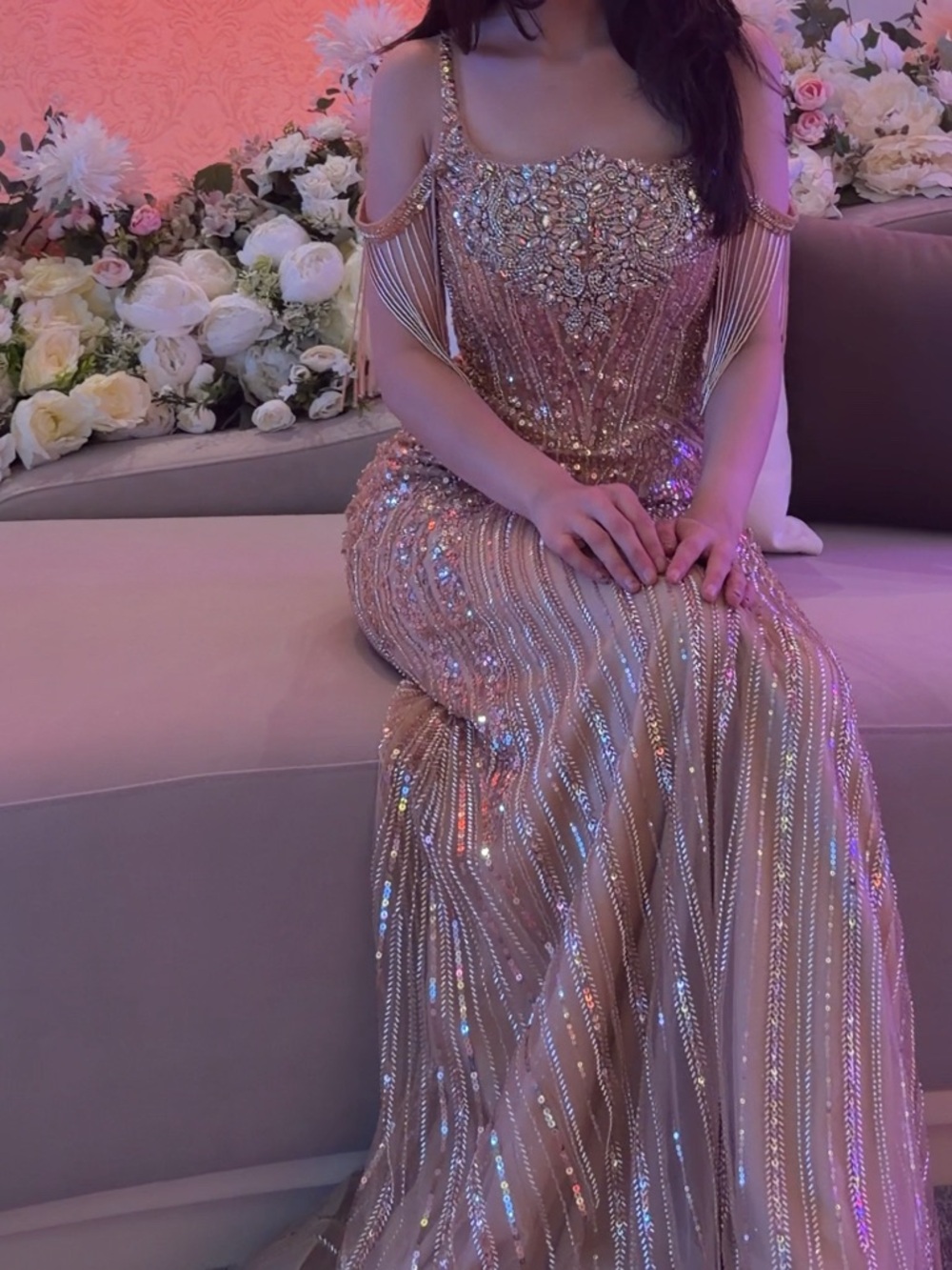 Cinderella Gold Beaded Fringe Prom Dress